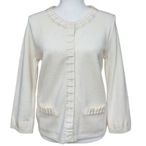 Audrey & Grace White Knit Blazer Pockets Round Neck Snaps Trim Ribbon Size L